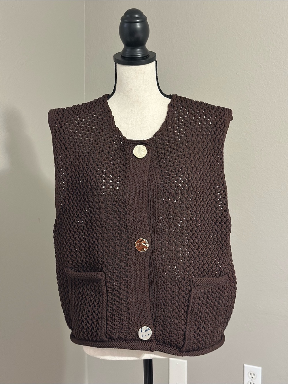 NWT Vigoss Dark Brown Crochet Knit Button-Front Vest